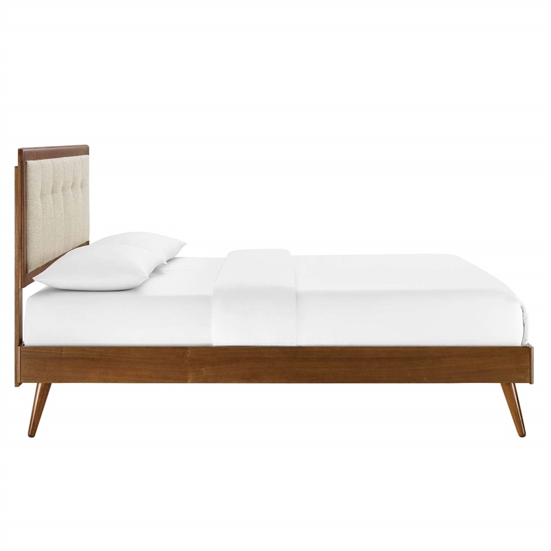 Maklaine Queen Wood Platform Bed with Splayed Legs in Walnut/Beige
