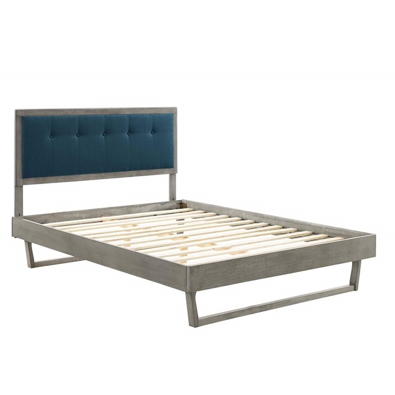 Maklaine King Wood Platform Bed with Angular Frame in Gray/Azure