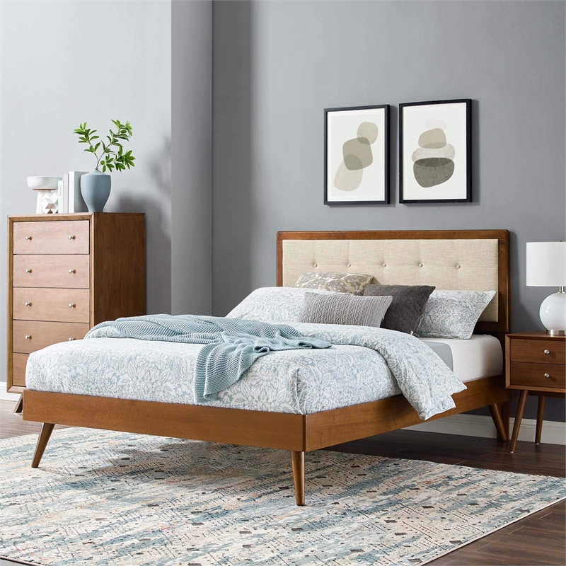 Maklaine Full Wood Platform Bed with Splayed Legs in Walnut/Beige