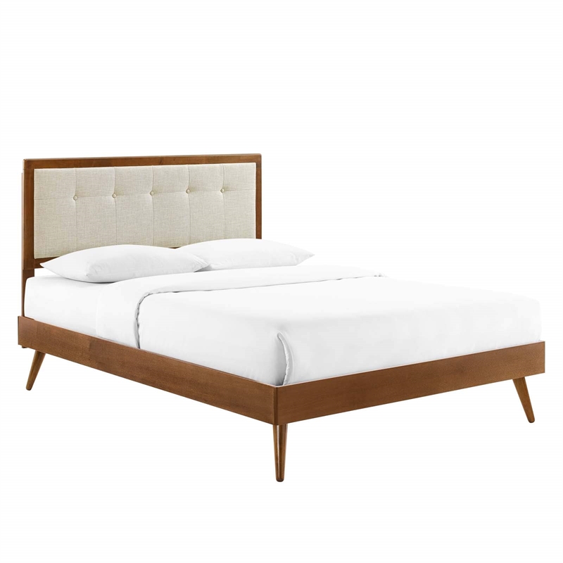 Maklaine Full Wood Platform Bed with Splayed Legs in Walnut/Beige