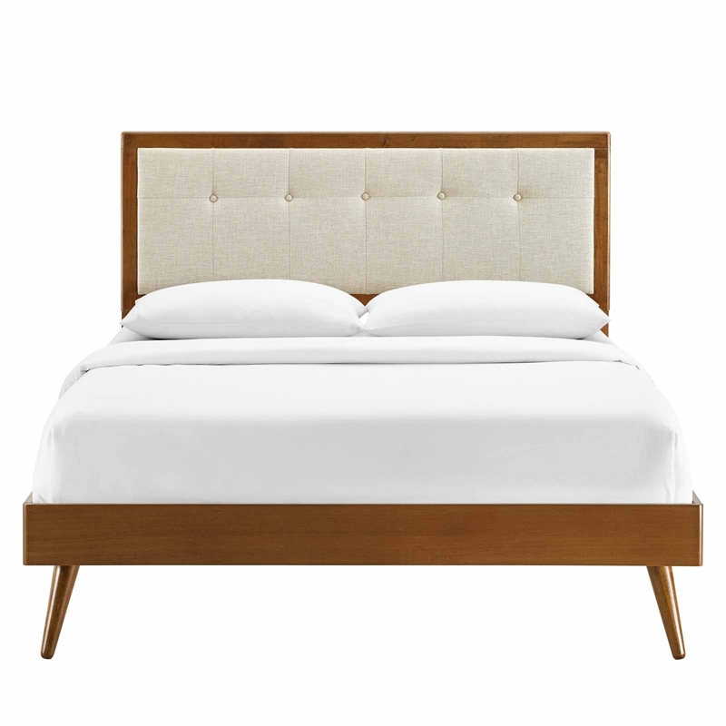 Maklaine Full Wood Platform Bed with Splayed Legs in Walnut/Beige