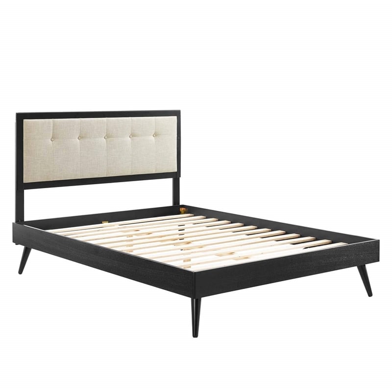 Maklaine King Wood Platform Bed with Splayed Legs in Black/Beige