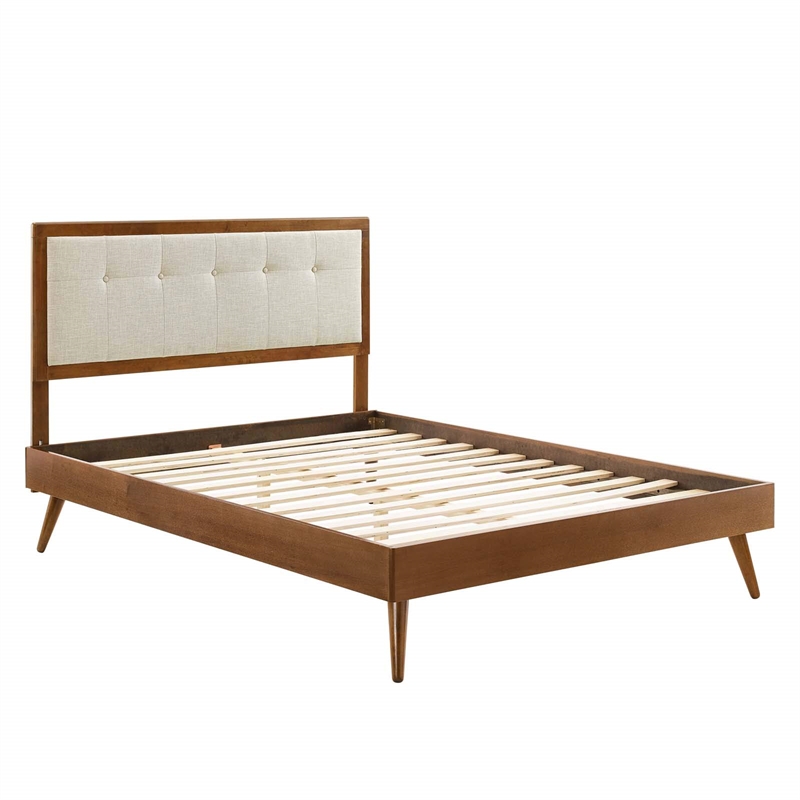 Maklaine King Wood Platform Bed with Splayed Legs in Walnut/Beige