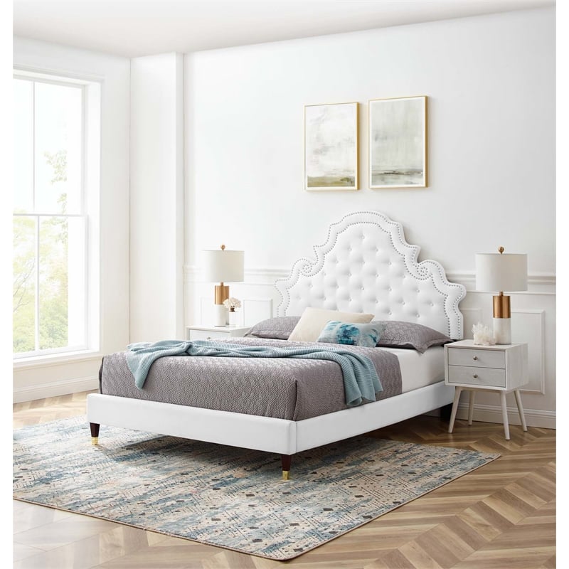 Maklaine Contemporary Performance Velvet Queen Platform Bed in White