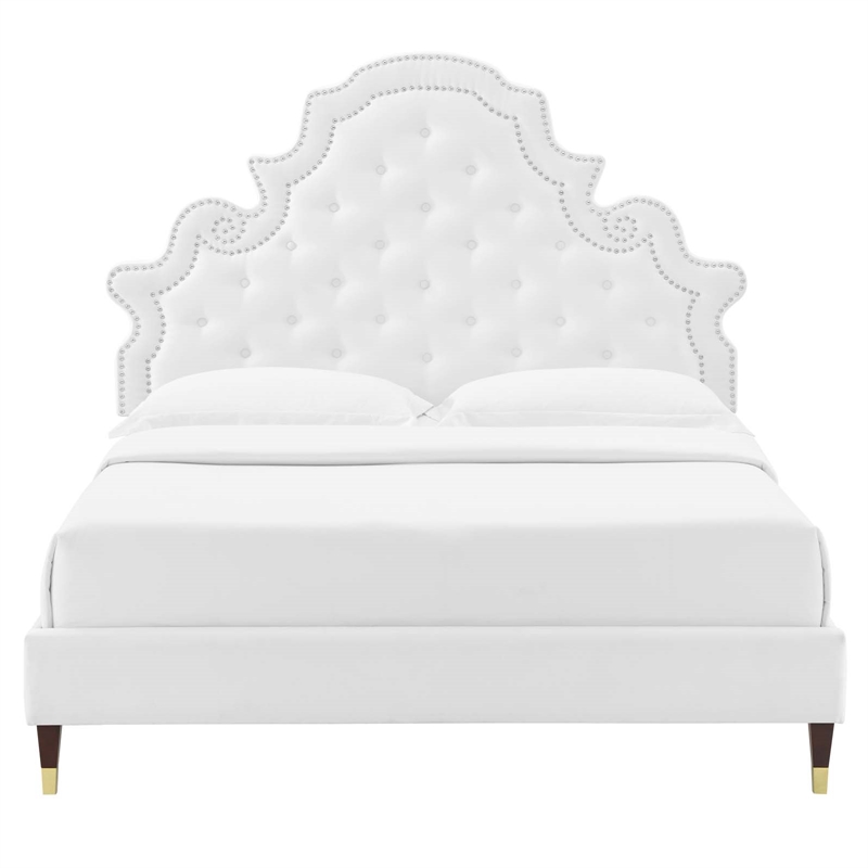 Maklaine Contemporary Performance Velvet Queen Platform Bed in White