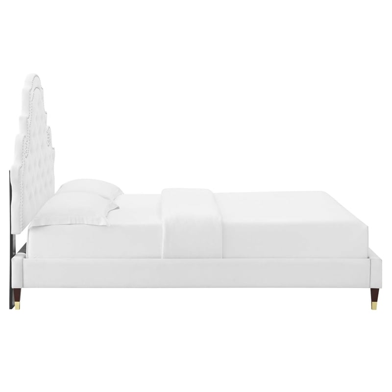 Maklaine Contemporary Performance Velvet Queen Platform Bed in White