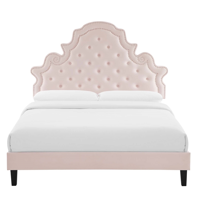 Maklaine Tufted Performance Velvet Queen Platform Bed in Pink