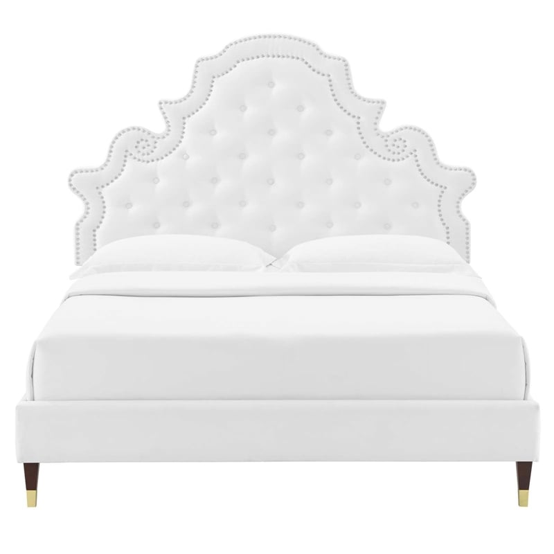 Maklaine Tufted Performance Velvet Full Platform Bed - White