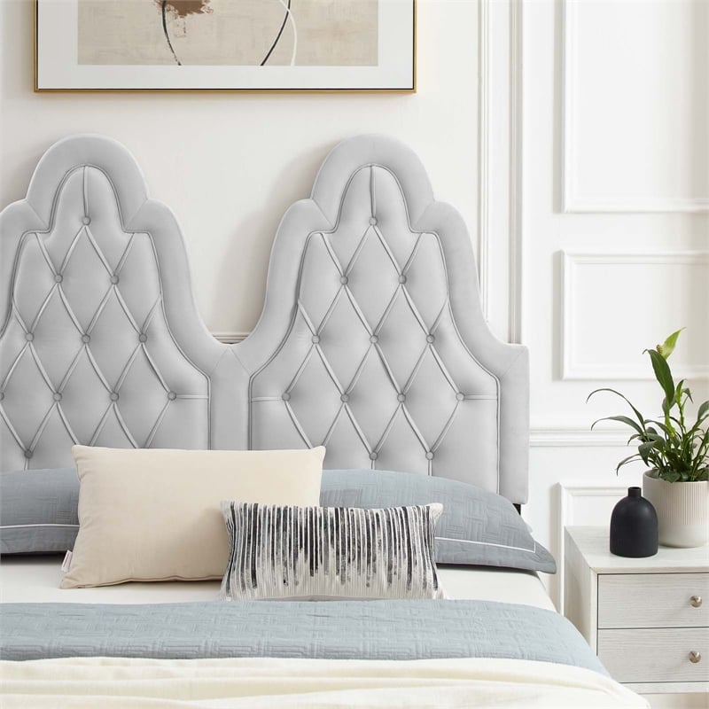 Maklaine Contemporary Performance Velvet Twin Platform Bed in Light Gray