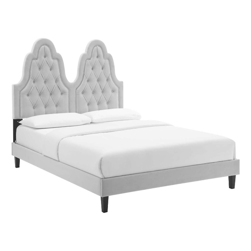 Maklaine Contemporary Performance Velvet Twin Platform Bed in Light Gray