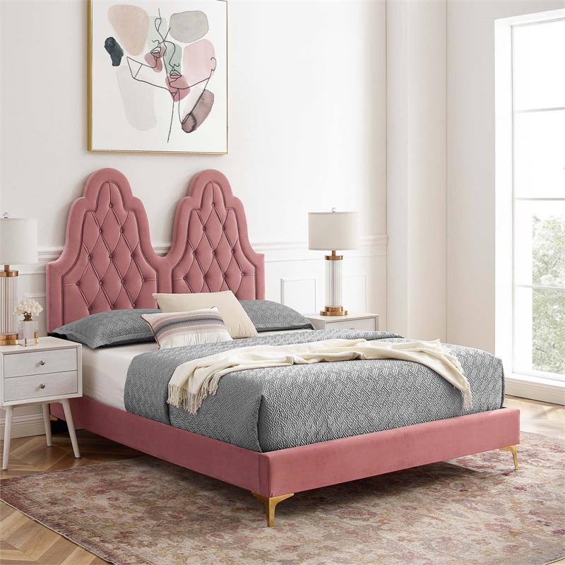 Maklaine Tufted Performance Velvet King Platform Bed - Dusty Rose Pink