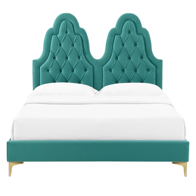 Maklaine Tufted Performance Velvet King Platform Bed - Teal Blue