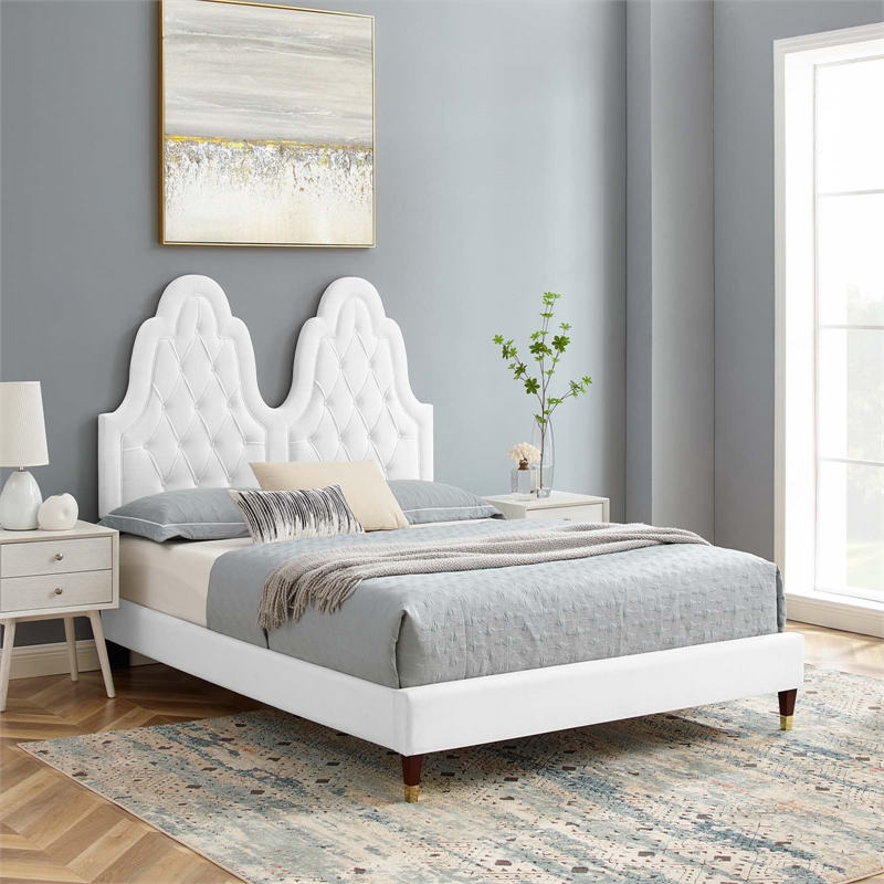Maklaine Tufted Performance Velvet King Platform Bed in White