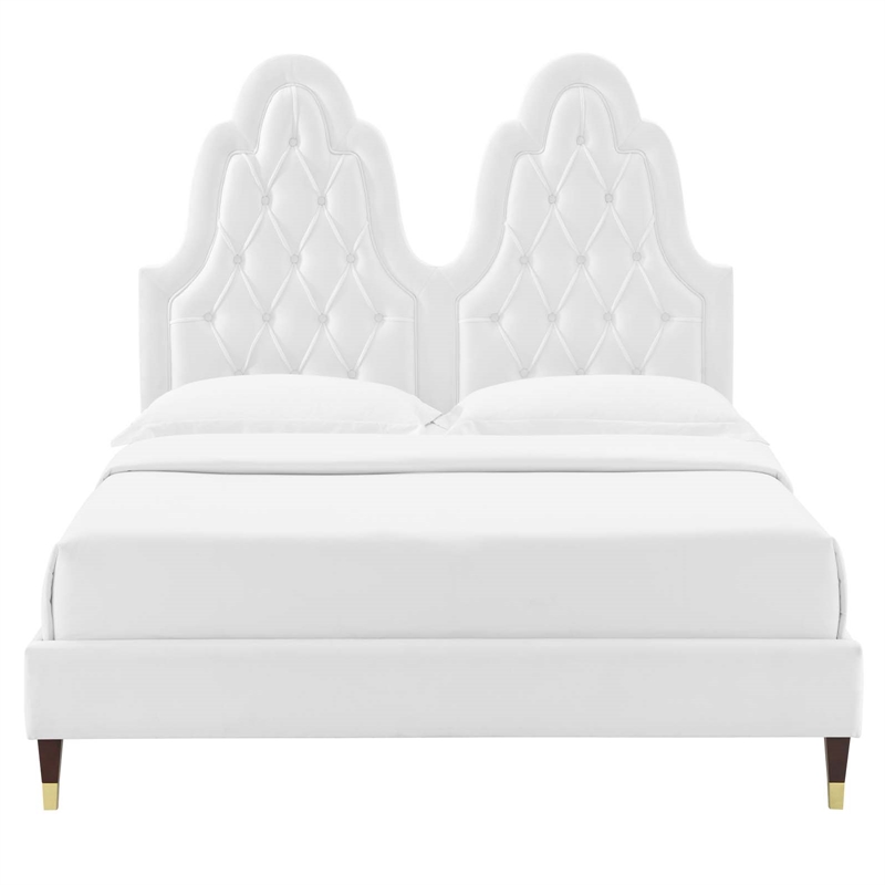 Maklaine Tufted Performance Velvet King Platform Bed in White