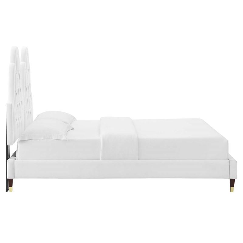 Maklaine Tufted Performance Velvet King Platform Bed in White