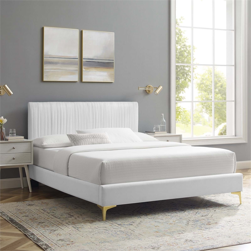 Maklaine Modern Performance Velvet Queen Platform Bed - White