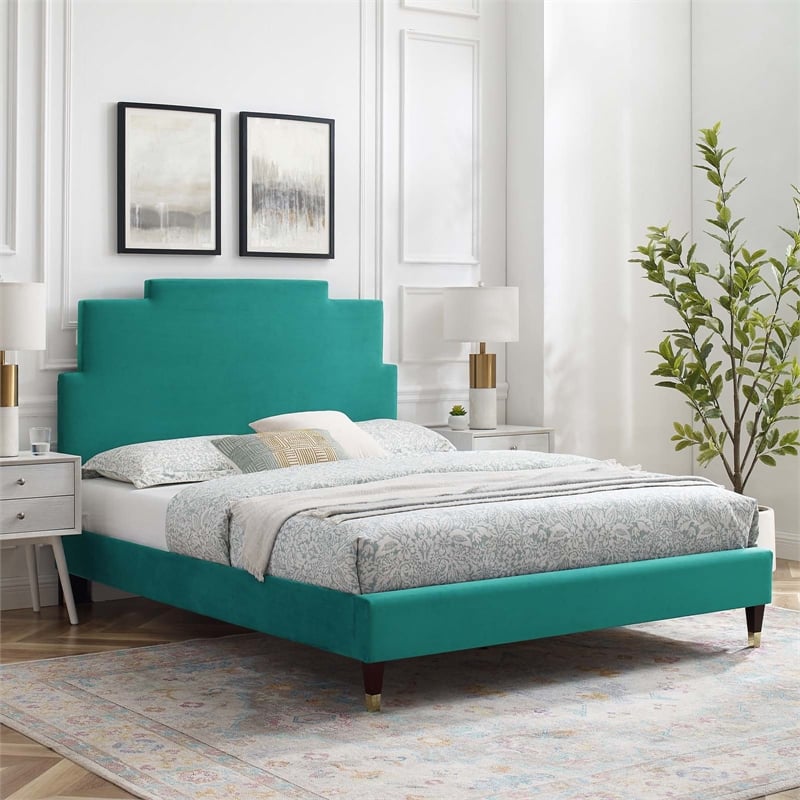Maklaine Contemporary Performance Velvet Full Platform Bed in Teal Green