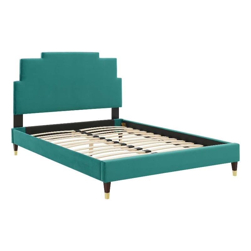 Maklaine Contemporary Performance Velvet Full Platform Bed in Teal Green