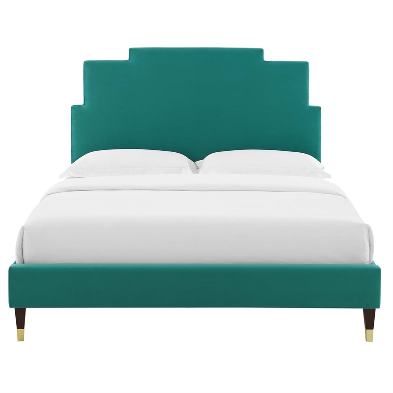 Maklaine Contemporary Performance Velvet Full Platform Bed in Teal Green