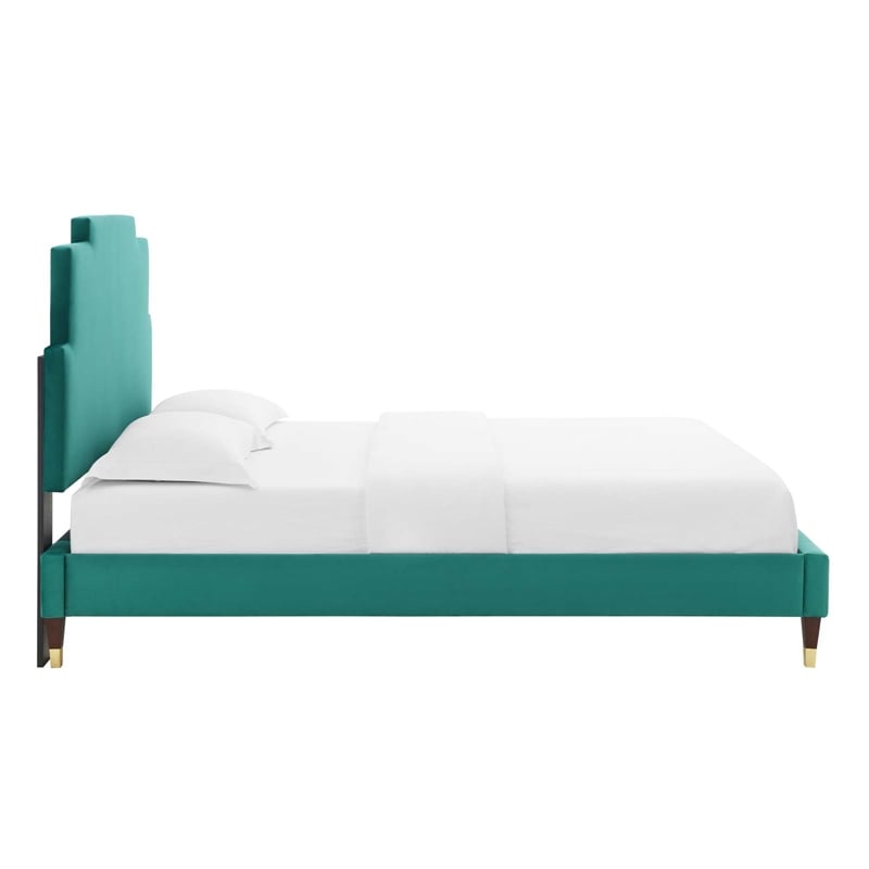 Maklaine Contemporary Performance Velvet Full Platform Bed in Teal Green