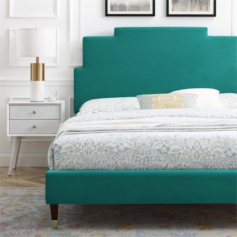 Maklaine Contemporary Performance Velvet Full Platform Bed in Teal Green