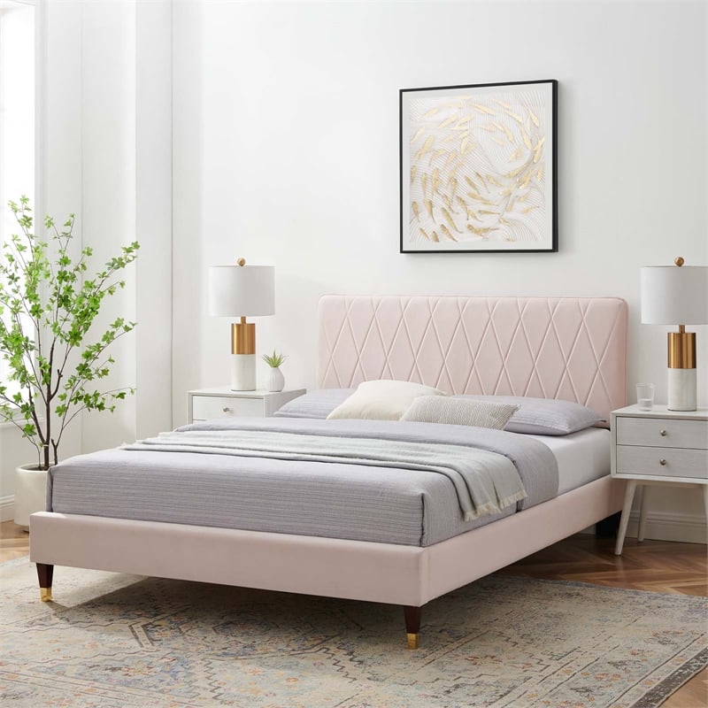 Maklaine Contemporary Performance Velvet King Platform Bed in Pink