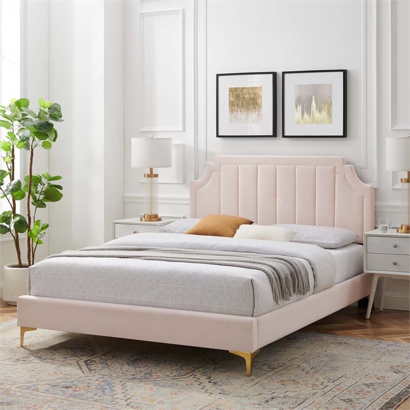 Maklaine Contemporary Performance Velvet Twin Platform Bed - Pink