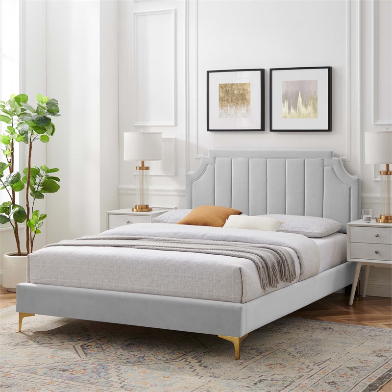 Maklaine Contemporary Performance Velvet Full Platform Bed in Light Gray