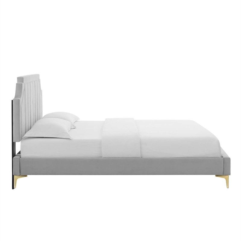 Maklaine Contemporary Performance Velvet Full Platform Bed in Light Gray