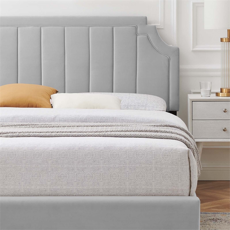 Maklaine Contemporary Performance Velvet Full Platform Bed in Light Gray
