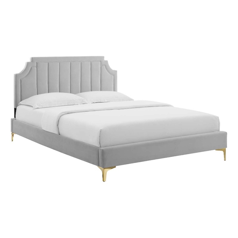 Maklaine Contemporary Performance Velvet Full Platform Bed in Light Gray