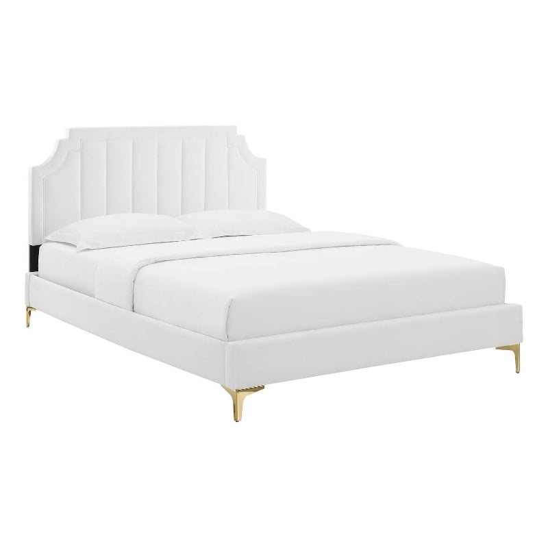 Maklaine Performance Velvet Full Platform Bed in White Finish