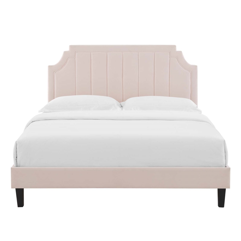 Maklaine Modern Performance Velvet Queen Platform Bed in Pink