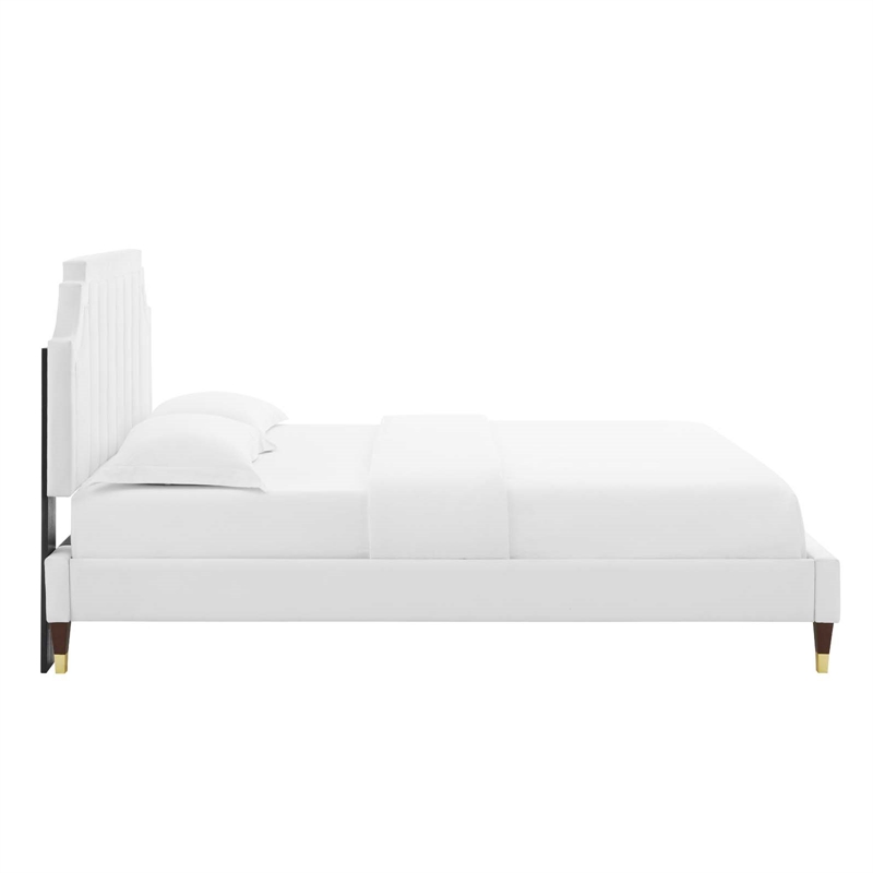 Maklaine Modern Performance Velvet Queen Platform Bed in White