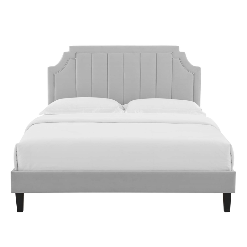 Maklaine Modern Performance Velvet Queen Platform Bed in Light Gray