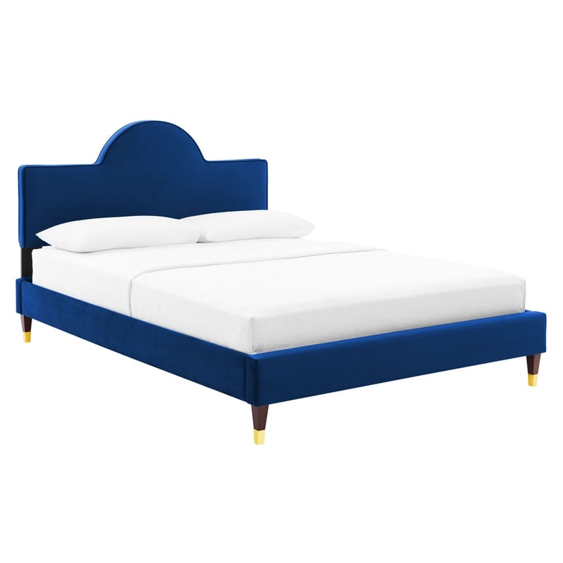 Maklaine Stain-resistant Performance Velvet Queen Bed in Navy