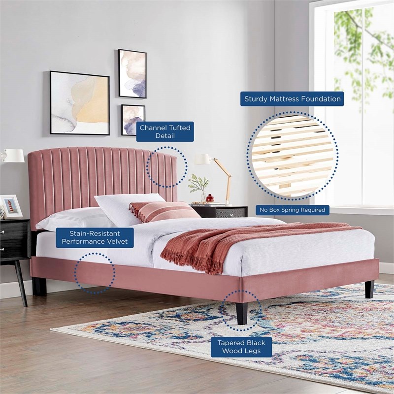 Maklaine Modern Performance Velvet Queen Platform Bed in Dusty Rose