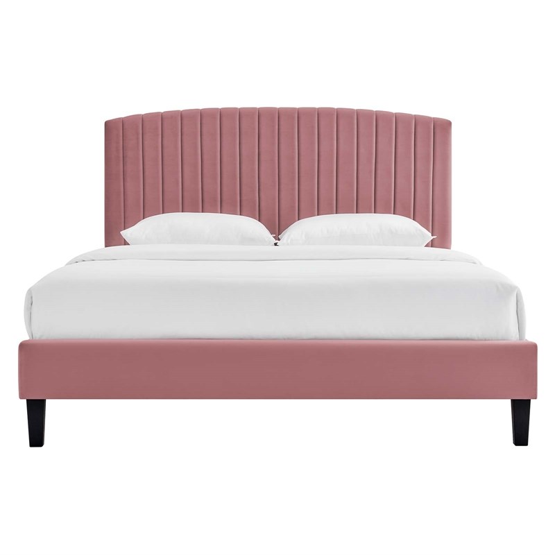 Maklaine Modern Performance Velvet Queen Platform Bed in Dusty Rose