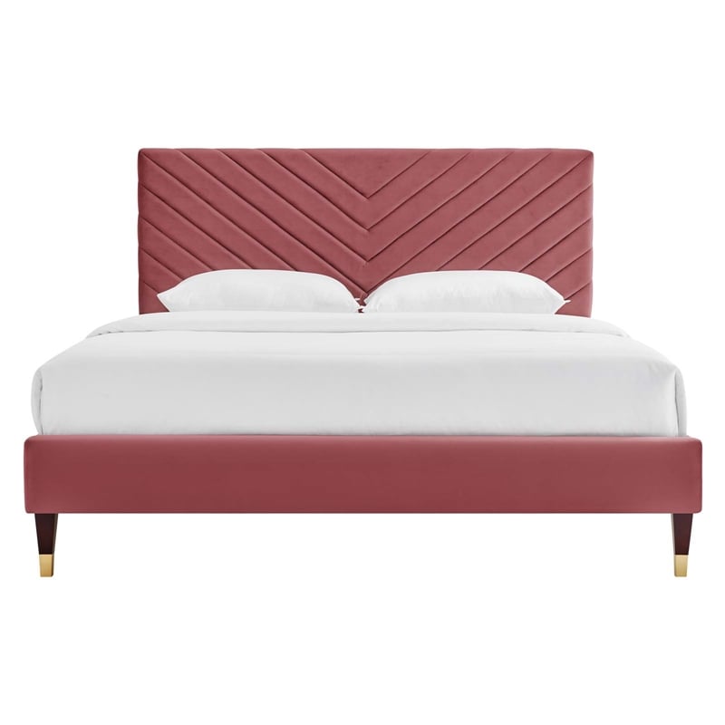 Maklaine Modern Performance Velvet Queen Platform Bed in Dusty Rose