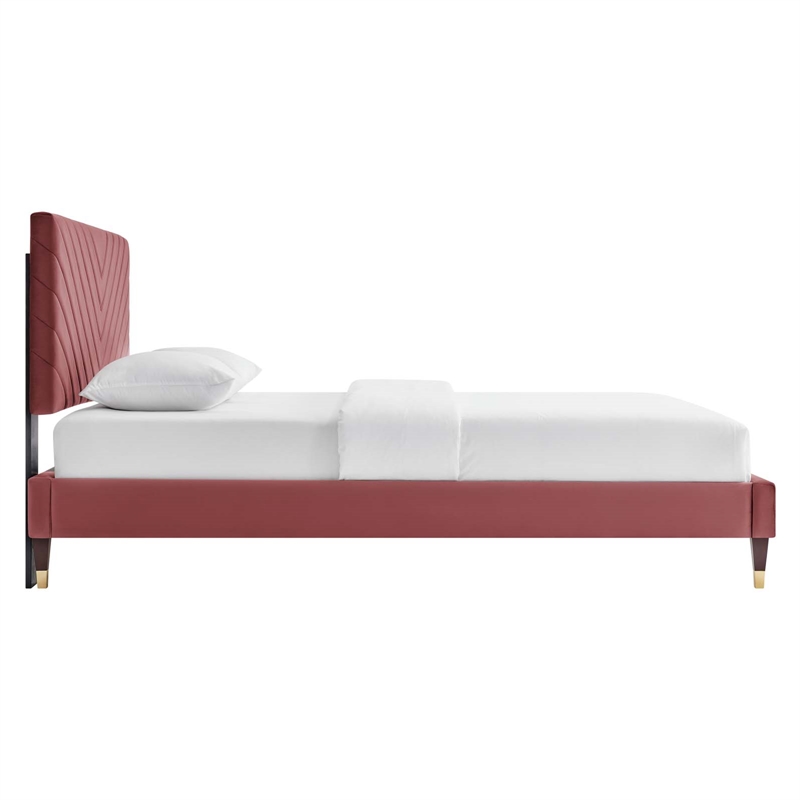 Maklaine Modern Performance Velvet Queen Platform Bed in Dusty Rose