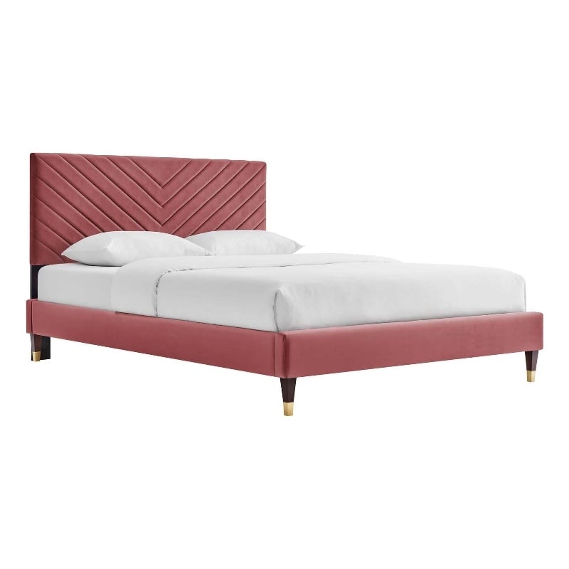Maklaine Modern Performance Velvet Queen Platform Bed in Dusty Rose