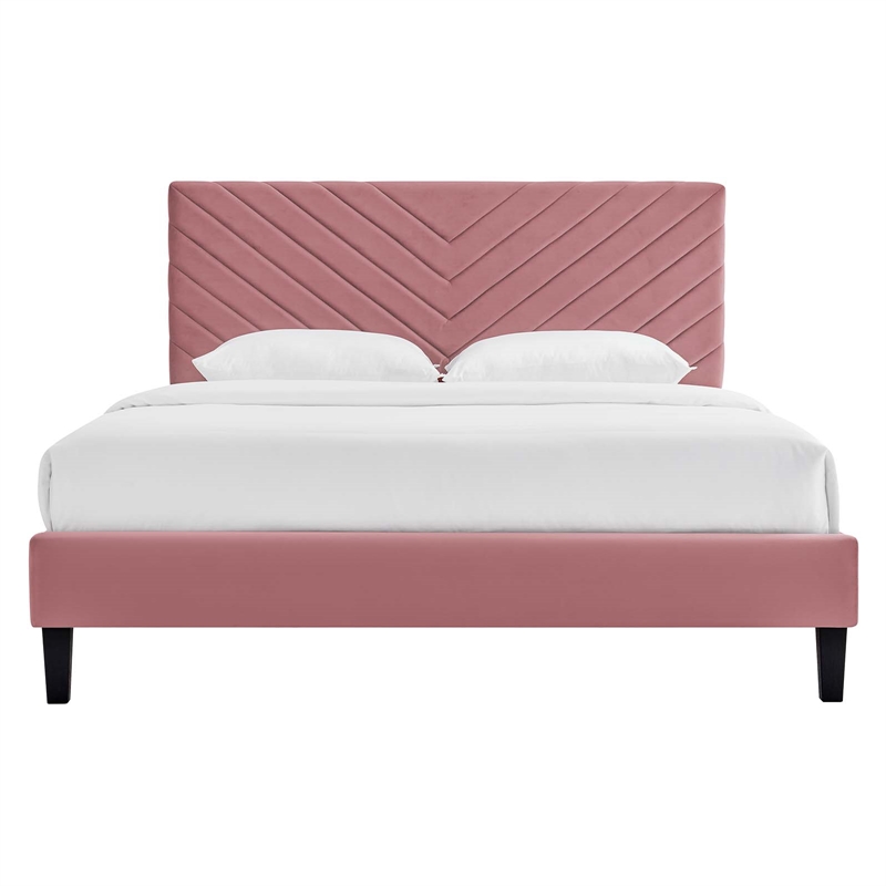 Maklaine Modern Performance Velvet Queen Platform Bed in Dusty Rose