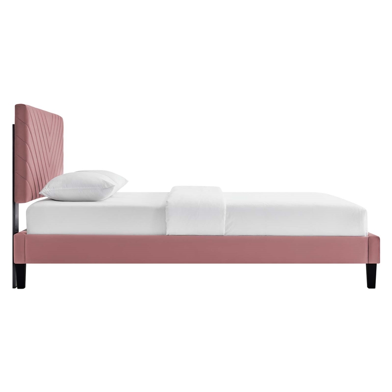 Maklaine Modern Performance Velvet Queen Platform Bed in Dusty Rose