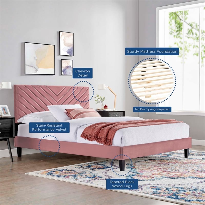 Maklaine Modern Performance Velvet Queen Platform Bed in Dusty Rose