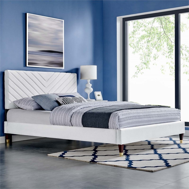 Maklaine Modern Performance Velvet Queen Platform Bed in White