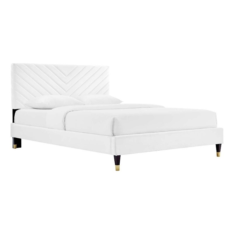 Maklaine Modern Performance Velvet Queen Platform Bed in White
