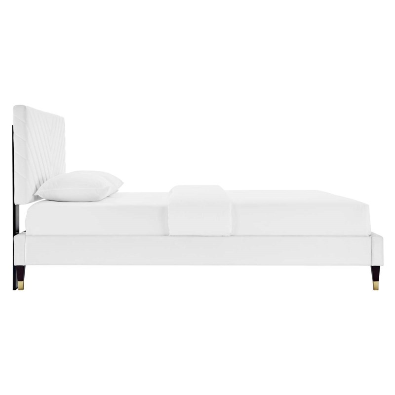 Maklaine Modern Performance Velvet Queen Platform Bed in White
