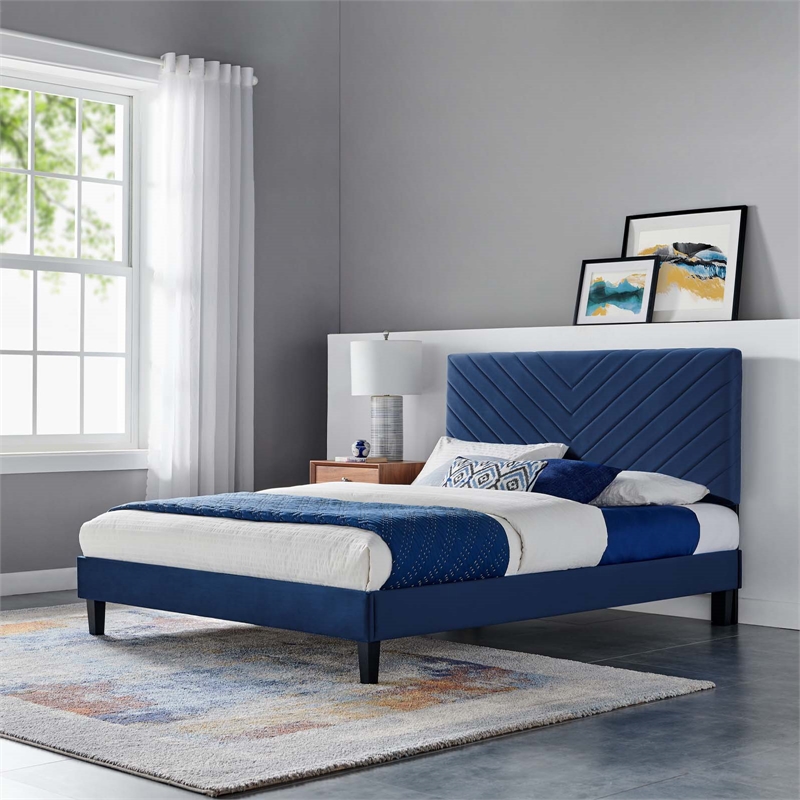 Maklaine Modern Performance Velvet Full Platform Bed in Navy