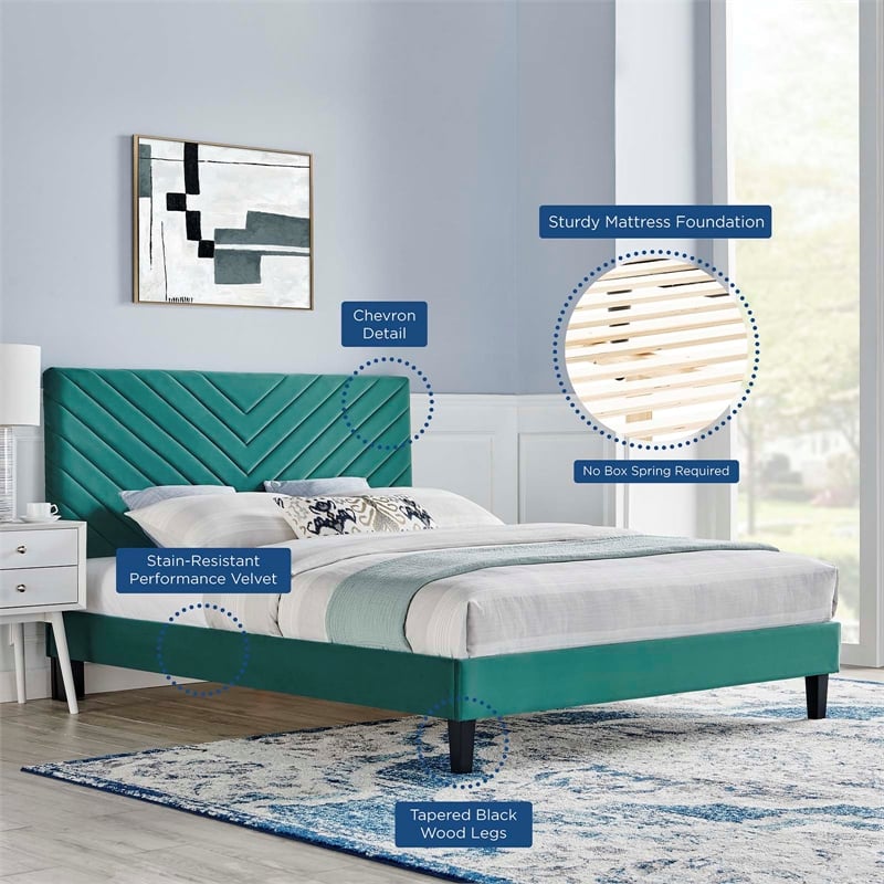 Maklaine Modern Performance Velvet Full Platform Bed in Teal Blue