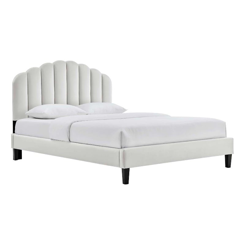 Maklaine Modern Performance Velvet Queen Platform Bed in Light Gray